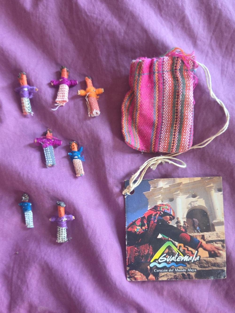 Set of Tiny Worry Dolls In Handwoven Mini Drawstring Bag from Guaremala